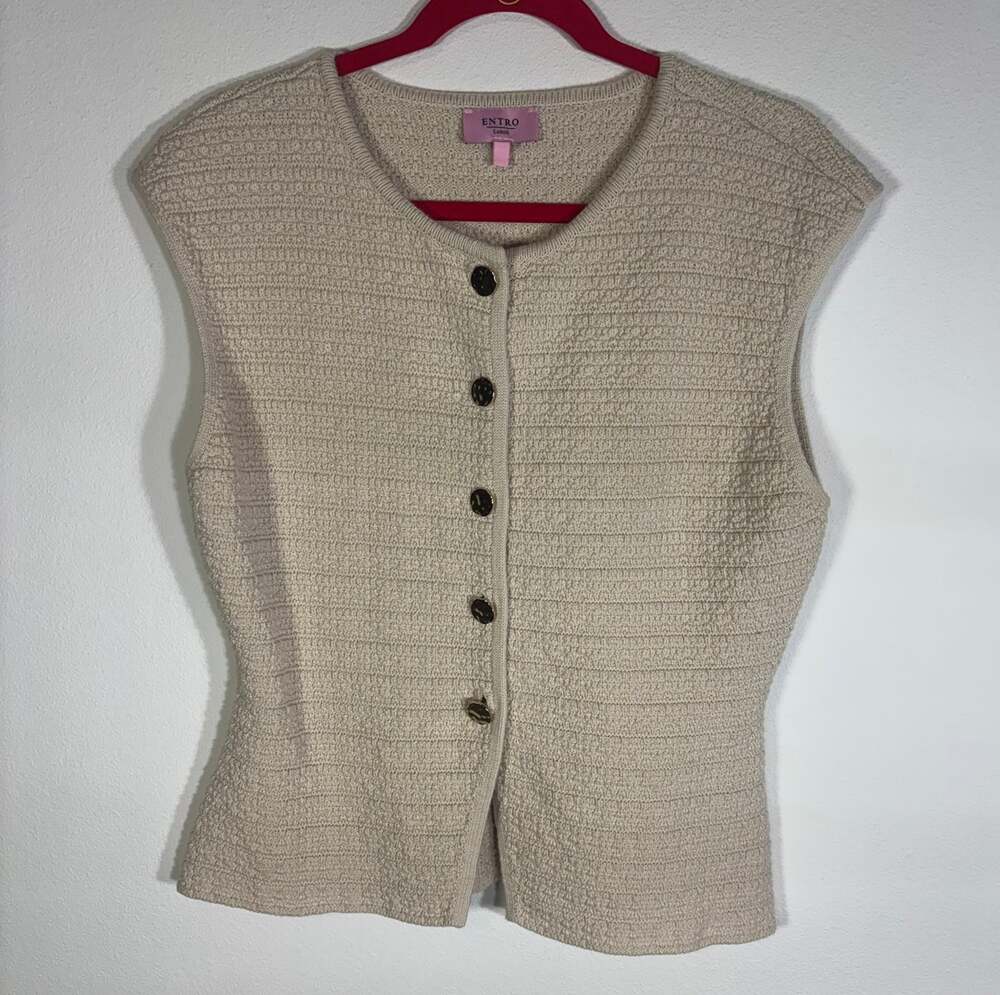 Entro Womens L Cream Textured Knit Button Front Sweater Vest Peplum Coastal
